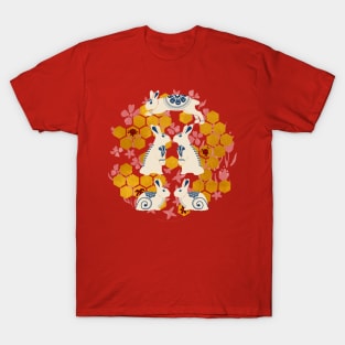 Year of the Rabbit | Porcelain Bunnies and Gold Honeycombs on Red Background T-Shirt